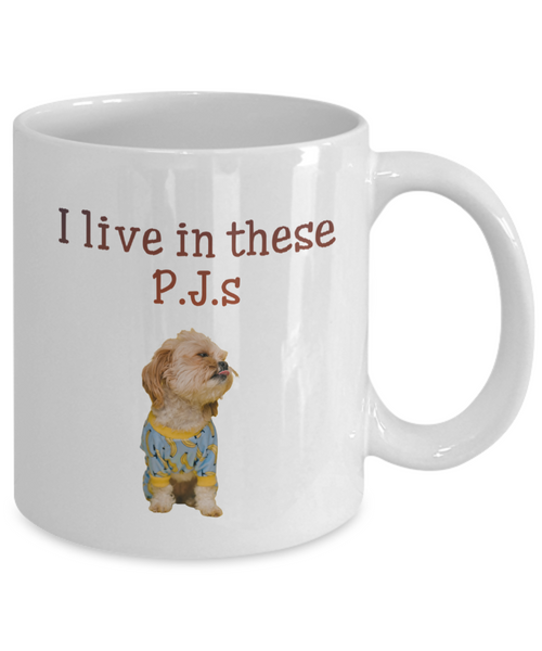 Cute puppy in blue and yellow p.j.s mug, back printed white 11 oz