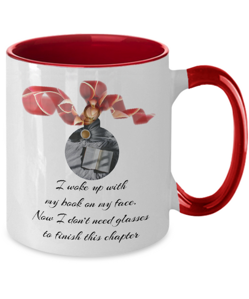 Festive mug showing ornamental cheer for every booklover, 11 oz Red accent mug