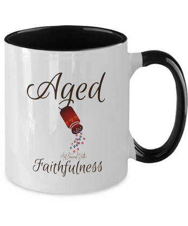 Aged and seasoned faithfulness mug,  condiment shaker sprinkles faithfulness,  accent black 11 oz  ceramic mug