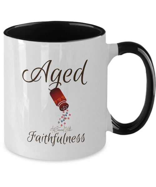 Aged and seasoned faithfulness mug,  condiment shaker sprinkles faithfulness,  accent black 11 oz  ceramic mug