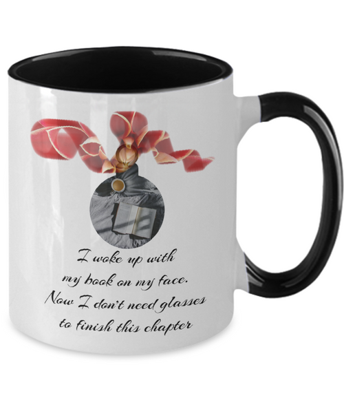 Festive mug showing ornamental cheer for every booklover, 11 oz Black accent mug