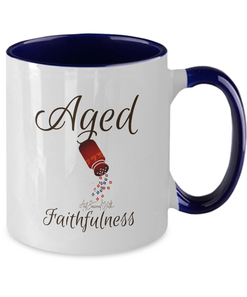 Aged and seasoned faithfulness mug, condiment shaker sprinkles faithfulness,  blue accent 11 oz. ceramic mug