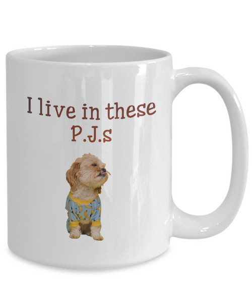Cute puppy in blue and yellow p.j.s mug, back printed white 15 oz