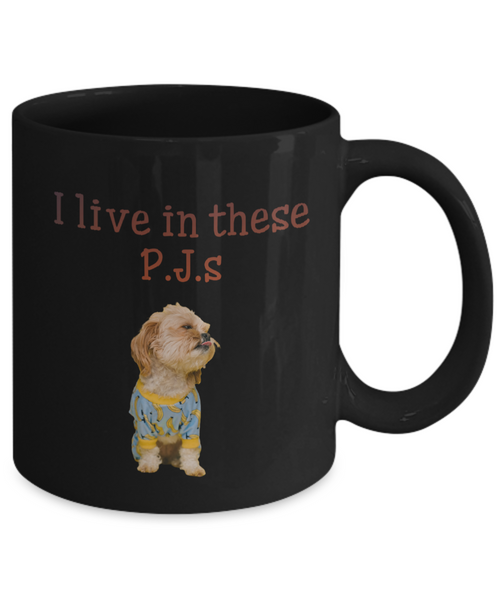 Cute puppy in blue and yellow p.j.s mug, back printed black 11 oz