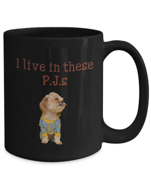 Cute puppy in blue and yellow p.j.s mug, back printed black 15 oz