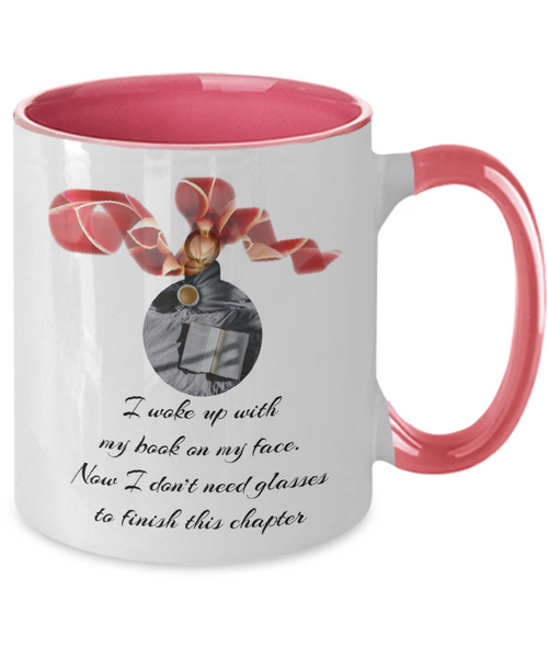 Festive mug showing ornamental cheer for every booklover, 11 oz Pink accent mug