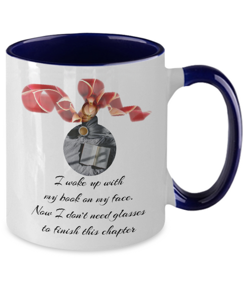 Festive mug showing ornamental cheer for every booklover, 11 oz Blue accent mug
