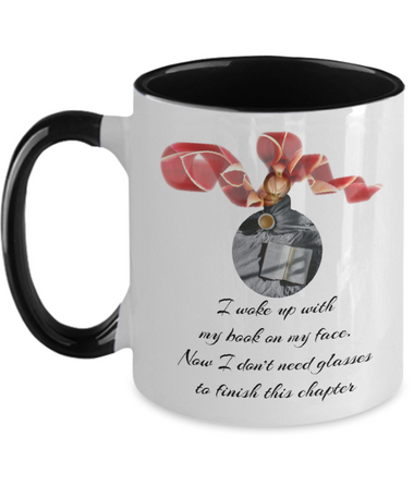 Festive mug showing ornamental cheer for every booklover, 11 oz Black accent mug