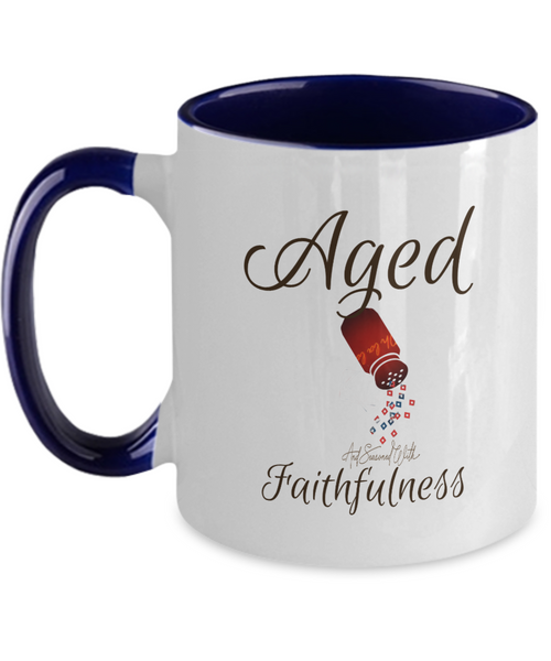 Aged and seasoned faithfulness mug, condiment shaker sprinkles faithfulness,  blue accent 11 oz. ceramic mug