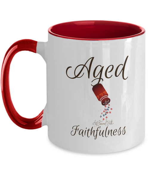 Aged and seasoned faithfulness mug, condiment shaker sprinkles faithfulness,  red accent, 11 oz. ceramic mug