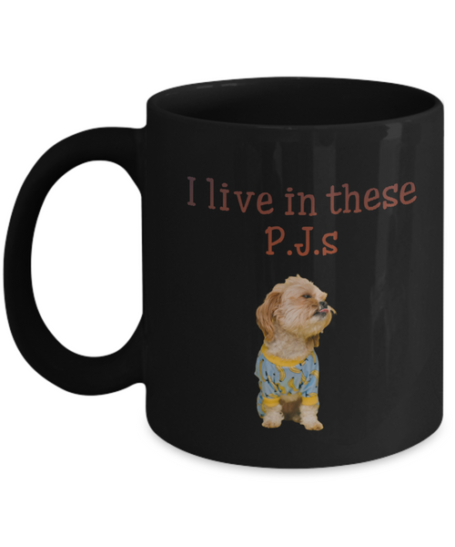 Cute puppy in blue and yellow p.j.s mug, front printed black 11 oz