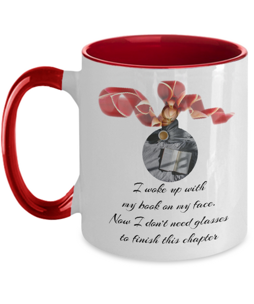Festive mug showing ornamental cheer for every booklover, 11 oz Red accent mug