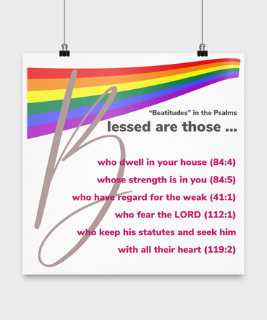 Blessed Wall Poster 16 x 16 Psalms Verses of Beatitudes. Rainbow heading with bold gold "B" for each scripture highlighted in royal fuchsia lettering
