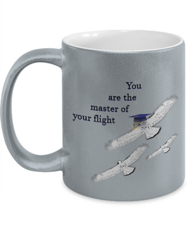 Whimsical graduation idea with three eagles, double sided print, silver 11 oz ceramic mug