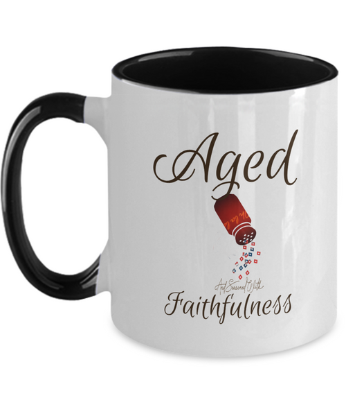 Aged and seasoned faithfulness mug, condiment shaker sprinkles faithfulness,  accent black 11 oz.ceramic mug