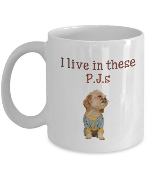 Cute puppy in blue and yellow p.j.s mug, ft. back printed white 11 oz