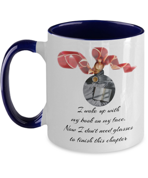 Festive mug showing ornamental cheer for every booklover, 11 oz Blue accent mug