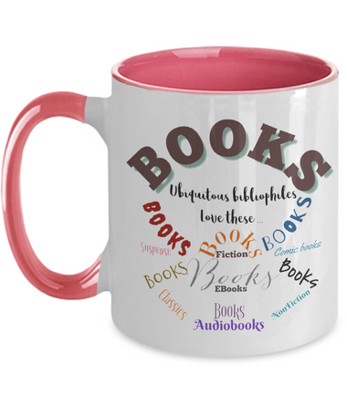 Bibliophiles two tone books mug, 11 oz. pink accent ceramic mug
