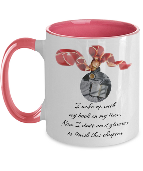 Festive mug showing ornamental cheer for every booklover, 11 oz Pink accent mug