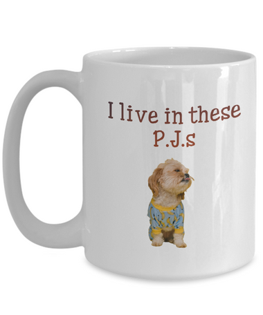 Cute puppy in blue and yellow p.j.s mug, front printed white 15 oz