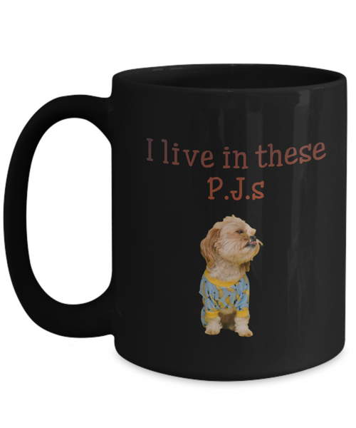 Cute puppy in blue and yellow p.j.s mug, front printed black 15 oz